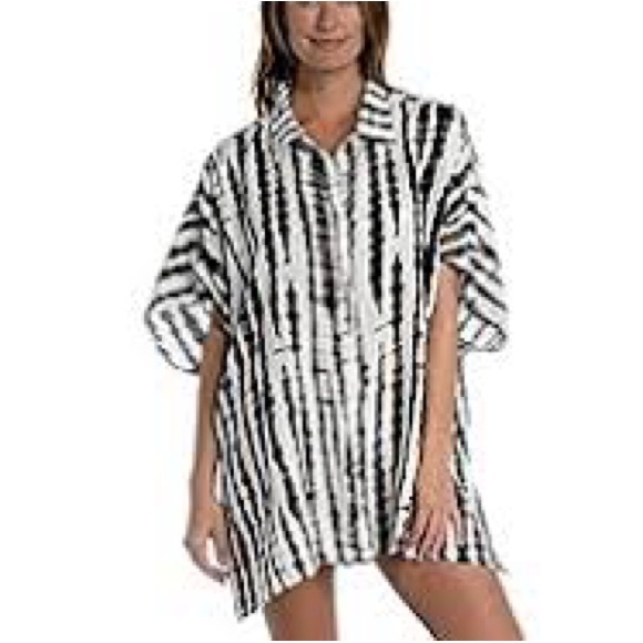 La Blanca Bamboo Print Tunic Cover Up Brown White Beach Resort Vacation One Size - Picture 3 of 12